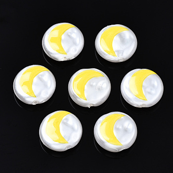 3D Printed ABS Plastic Imitation Pearl Beads, Flat Round with Moon, Yellow, 12x5mm, Hole: 1.5mm