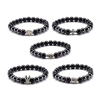 Natural Obsidian & Non-Magnetic Synthetic Hematite Round Beads Stretch Bracelet for Men Women, Alloy Beads Bracelet, mixed Shape, Inner Diameter: 2-1/4 inch(5.6cm)