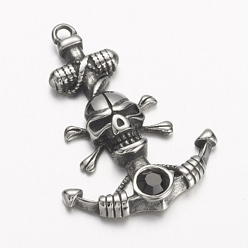 304 Stainless Steel Pendants, Anchor with Pirate Style Skull, Antique Silver, 36.5x25.5x5mm, Hole: 2mm