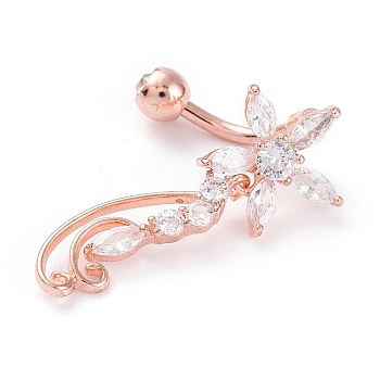 Piercing Jewelry, Brass Micro Pave Clear Cubic Zirconia Navel Rings, Belly Rings, with 304 Stainless Steel Bar, Flower, Rose Gold, 32mm, Bar: 14 Gauge(1.6mm), Bar Length: 3/8"(10mm)