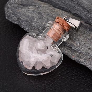 Heart Glass Bottle with Rose Quartz inside Pendants, with 304 Stainless Steel Findings, 31x22x11mm, Hole: 7x4mm
