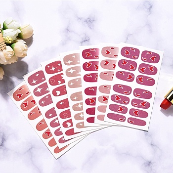 Full-Cover Wraps Nail Polish Stickers, Heart Star Self-adhesive Nail Art Decals Strips, for Woman Girls DIY Nail Art Design, Mixed Patterns, 25x9~16mm, 14pcs/sheet