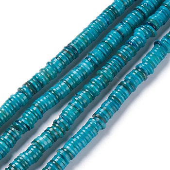 Natural Freshwater Shell Beads Strands, Dyed, Heishi Beads, Flat Round/Disc, Dark Turquoise, 8~8.5x1~3mm, Hole: 1mm, about 182~200pcs/strand, 15.39 inch(39.1cm)