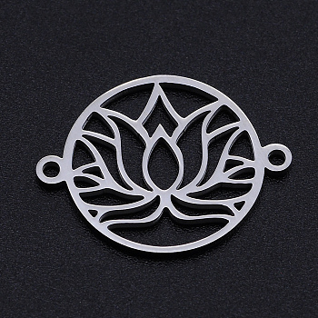 201 Stainless Steel Links, for Chakra, Laser Cut, Round Ring with Lotus Flower, Stainless Steel Color, 17.5x23x1mm, Hole: 1.4mm