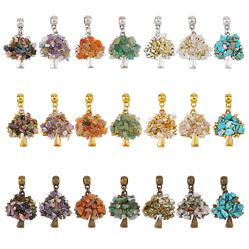 21Pcs 21 Styles Mixed Gemstone Chip  European Dangle Charms, Tree Large Hole Pendants, with Alloy Findings, Mixed Color, 38mm, Pendant: 28x24x3.8~9.8mm, Hole: 5mm, 1pcs/style