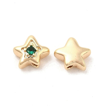 Brass Cubic Zirconia Beads, Star, Real 18K Gold Plated, Green, 7x8x4mm, Hole: 1mm