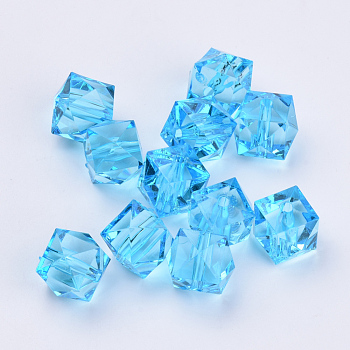Transparent Acrylic Beads, Faceted, Cube, Deep Sky Blue, 10x10x8mm, Hole: 1.5mm