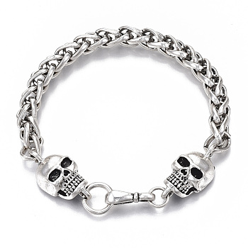 Men's Alloy Wheat Chain Bracelets, Skull, Antique Silver, 8-7/8 inch(22.5cm)