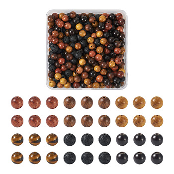 300Pcs 6 Style Beads Jewelry Making Finding Kit, Including Natural Wood & Lava Rock & Grade AB Tiger Eye Round Beads, Mixed Color, 8~8.5mm, Hole: 1~1.2mm, 50Pcs/style