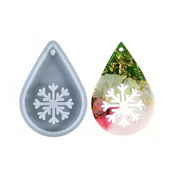 DIY Christmas Snowflake Pendant Silicone Molds, Resin Casting Molds, for UV Resin & Epoxy Resin Pendant Making, Teardrop, White, 84x59x8mm, Hole: 3.5mm, Finished: 74x50x6mm