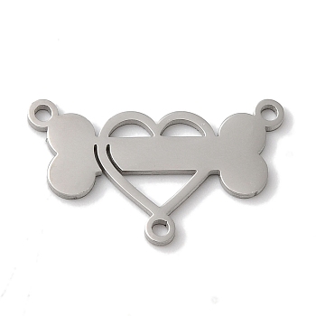 Tarnish Resistant 304 Stainless Steel Chandelier Component Links, Bone Shape with Heart, Stainless Steel Color, 11.5x20x1mm, Hole: 1mm