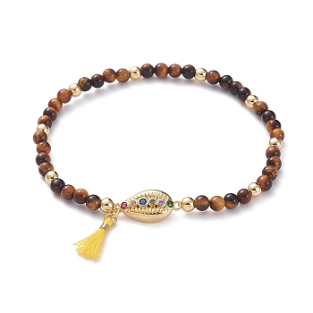 Natural Tiger Eye Stretch Charm Bracelets, with Brass Beads, Brass Micro Pave Cubic Zirconia Links, Polyester Cotton Tassel and Cardboard Packing Box, Cowrie Shell, 2-1/8 inch(5.5cm)