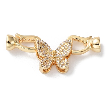Rack Plating Brass Micro Pave Clear Cubic Zirconia Fold Over Clasps, Butterfly, Cadmium Free & Lead Free, Long-Lasting Plated, Golden, Butterfly: 12x15.5x6mm, Clasp: 12x6mm, Inner Diameter: 4.5mm
