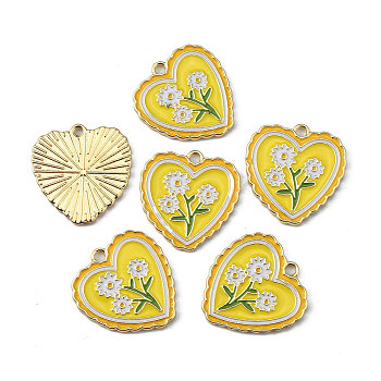 Alloy Enamel Pendants, Golden, Heart, Flower Pattern, 26x25.5x2mm, Hole: 2.5mm
