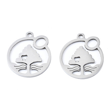 201 Stainless Steel Pendants, Laser Cut, Flat Round with Tree, Stainless Steel Color, 17x15x1mm, Hole: 1.4mm