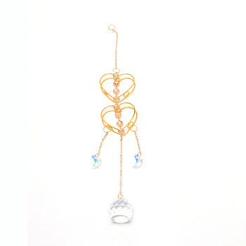 Colorful Glass Hanging Crystal Pendant Ornament, with Heart Iron Finding, for Window Home Decoration, Golden, 336mm