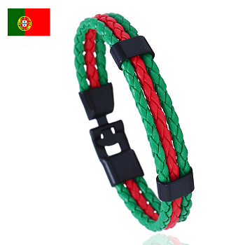 Flag Color Imitation Leather Triple Line Cord Bracelet with Alloy Clasp, Portugal Theme Jewelry for Men Women, Lime Green, 8-1/4 inch(21cm)