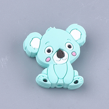Food Grade Eco-Friendly Silicone Focal Beads, Chewing Beads For Teethers, DIY Nursing Necklaces Making, Koala, Pale Turquoise, 28x26x8mm, Hole: 2mm