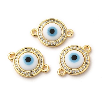Rack Plating Real 18K Gold Plated Brass Micro Pave Clear Cubic Zirconia Connector Charms, Flat Round with Evil Eye Links, with Handmade Lampwork, Cadmium Free & Lead Free, Long-Lasting, White, 18.5x13x4mm, Hole: 1.4mm