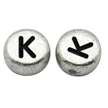 Silver Color Plated Acrylic Horizontal Hole Letter Beads, Flat Round, Letter.K, 7x3.5mm, Hole: 1mm, about 3600pcs/500g