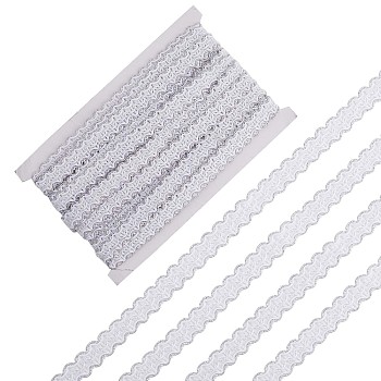 Polyester Wavy Lace Ribbons, Garment Accessories, Silver, 5/8 inch(15mm), about 13.12 Yards(12m)/Card