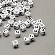 Large Hole Acrylic Letter European Beads, White & Black, Cube with Letter.C, 6x6x6mm, Hole: 4mm(X-SACR-Q103-6mm-01C)