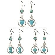 3 Pair 3 Style 304 Stainless Steel Dangle Earrings with Synthetic Turquoise Beaded for Women, Heart & Flat Round, Antique Silver, 65x21mm, 1 Pair/style(EJEW-JE05380)