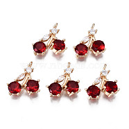 Brass Micro Pave Clear Cubic Zirconia Charms, with Glass, Light Gold, Long-Lasting Plated, Cadmium Free & Lead Free, Cherry, Red, 14x12~13x4~5mm, Hole: 1.2mm(KK-S359-103-A01-RS)
