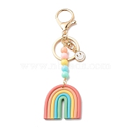 Handmade Polymer Clay & Alloy Enamel Pendants Keychain, with Acrylic Beads and Alloy Keychain Clasp Findings, Rainbow & Smiling Face , Colorful, 13.5cm(KEYC-JKC00337)