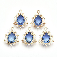 Golden Tone Brass Pendants, with Faceted Glass, Teardrop, Royal Blue, 25.5x19x6mm, Hole: 1.6mm(X-GLAA-R212-03B)