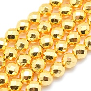 Electroplate Non-magnetic Synthetic Hematite Beads Strands, Grade AAA, Long-Lasting Plated, Faceted, Round, Golden Plated, 4mm, Hole: 1mm, about 97pcs/strand, 15 inch(G-L485-03C-G)
