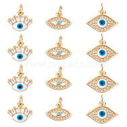 12Pcs 3 Style Brass Micro Pave Cubic Zirconia Pendants, with Jump Ring, Evil Eye, Real 18K Gold Plated, 9~10.5x12~14.5x3~3.8mm, Hole: 3~3.2mm, 4pcs/style(KK-DC0001-76)