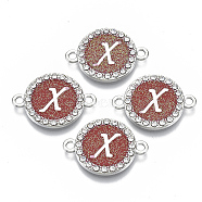 Alloy Enamel Links Connectors, with Crystal Rhinestones, Flat Round with Letter, Silver Color Plated, Letter.X, 22x16x2mm, Hole: 1.8mm(ENAM-TAC0003-01S-05X)
