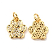Rack Plating Brass Micro Pave Cubic Zirconia Charms, Dog Paw Print Charm, with Jump Ring, Long-Lasting Plated, Lead Free & Cadmium Free, Real 18K Gold Plated, 13x11x2mm, Hole: 3mm(KK-F851-07G)
