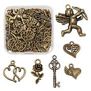 60Pcs 6 Style Tibetan Style Alloy Pendants, Heart to Heart & Heart & Heart with Wing & Skeleton Key & Rose Flower & Cupid/Cherub, For Valentine's Day, Antique Bronze, 14~29x10.5~27x2~4mm, Hole: 1.5~2.5mm, 10pcs/style(FIND-LS0001-32AB)