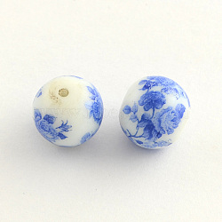 Flower Picture Glass Beads, Round, Cornflower Blue, 14x13mm, Hole: 1.5mm(GFB-R001-14mm-03)