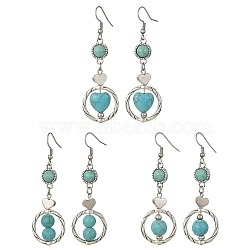 3 Pair 3 Style 304 Stainless Steel Dangle Earrings with Synthetic Turquoise Beaded for Women, Heart & Flat Round, Antique Silver, 65x21mm, 1 Pair/style(EJEW-JE05380)