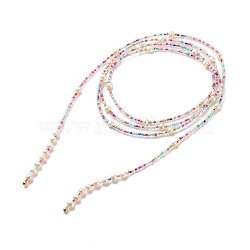 Natural Pearl & Glass Seed Beaded Rope Knot Multi Layered Necklace for Women, Cerise, 60.24~60.63 inch(153~154cm)(NJEW-JN03908-01)