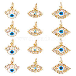 12Pcs 3 Style Brass Micro Pave Cubic Zirconia Pendants, with Jump Ring, Evil Eye, Real 18K Gold Plated, 9~10.5x12~14.5x3~3.8mm, Hole: 3~3.2mm, 4pcs/style(KK-DC0001-76)