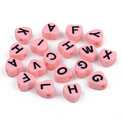 Opaque Acrylic Enamel Beads, Horizontal Hole, Heart with Mixed Black Letters, Pink, 7x7x4mm, Hole: 1.5mm(X-MACR-S273-37C)