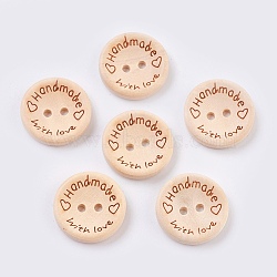 Wooden Buttons, 2-Hole, with Word, Flat Round with Word Handmade with Love, Blanched Almond, 20x4mm, Hole: 2mm(BUTT-K007-08B)