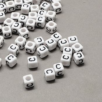 Large Hole Acrylic Letter European Beads, White & Black, Cube with Letter.C, 6x6x6mm, Hole: 4mm