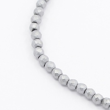 Frosted Electroplate Non-magnetic Synthetic Hematite Round Beads Strands, Faceted, Platinum Plated, 2x2mm, Hole: 1mm, about 200pcs/strand, 15.7 inch