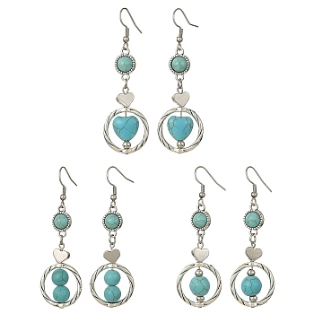 3 Pair 3 Style 304 Stainless Steel Dangle Earrings with Synthetic Turquoise Beaded for Women, Heart & Flat Round, Antique Silver, 65x21mm, 1 Pair/style