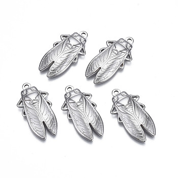 201 Stainless Steel Pendants, Cicada, Stainless Steel Color, 29.5x15.5x3mm, Hole: 1.6mm
