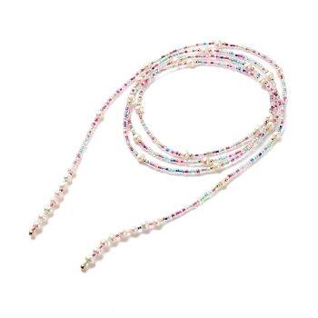 Natural Pearl & Glass Seed Beaded Rope Knot Multi Layered Necklace for Women, Cerise, 60.24~60.63 inch(153~154cm)