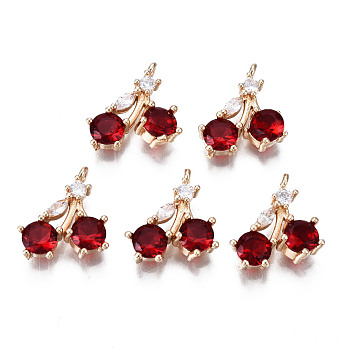Brass Micro Pave Clear Cubic Zirconia Charms, with Glass, Light Gold, Long-Lasting Plated, Cadmium Free & Lead Free, Cherry, Red, 14x12~13x4~5mm, Hole: 1.2mm