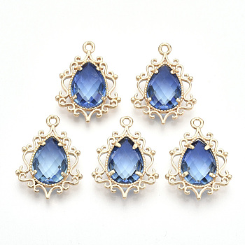 Golden Tone Brass Pendants, with Faceted Glass, Teardrop, Royal Blue, 25.5x19x6mm, Hole: 1.6mm