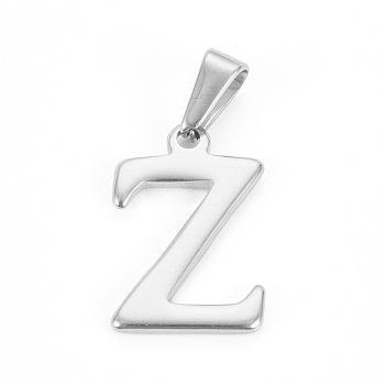 304 Stainless Steel Pendants, Stainless Steel Color, Initial Letter.Z, 21x13x1.8mm, Hole: 3x7mm