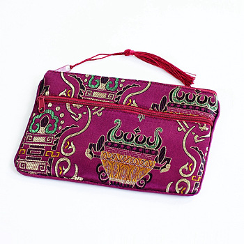 Chinese Style Flower Pattern Satin Jewelry Packing Pouches, Gift Bags with Zipper and Tassel Charm, Rectangle, Medium Violet Red, 11x17.5cm
